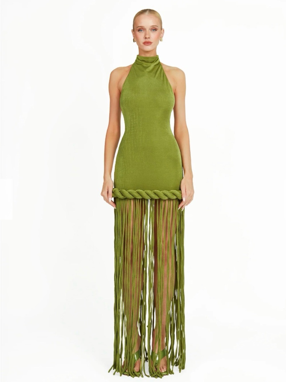Khanum’s Kiran Green Halter Maxi Dress with Braided Fringe